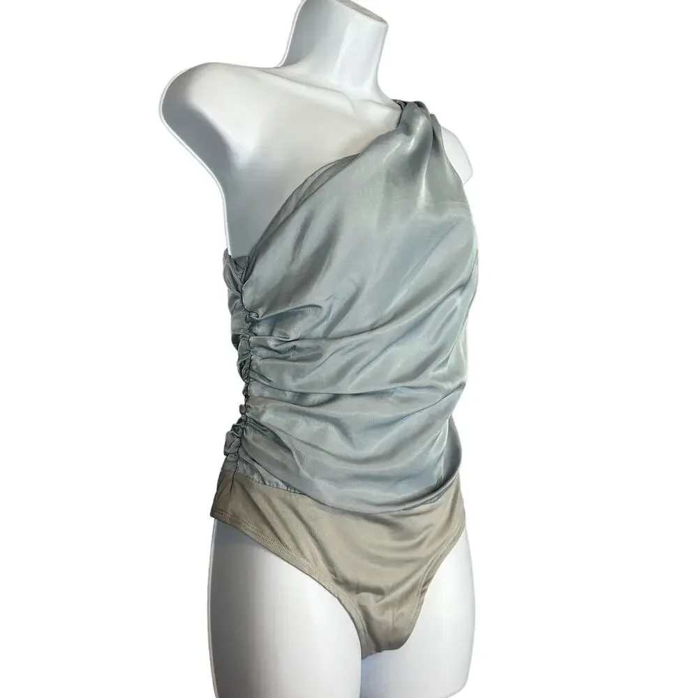 NBD Dusty Blue One Shoulder Ruched Top Bodysuit SMALL Satin Party Designer $128 - Picture 7 of 10